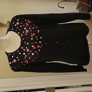 Bobbie Bell red pink beaded hearts on black cardigan sweater long sleeve L EUC …
